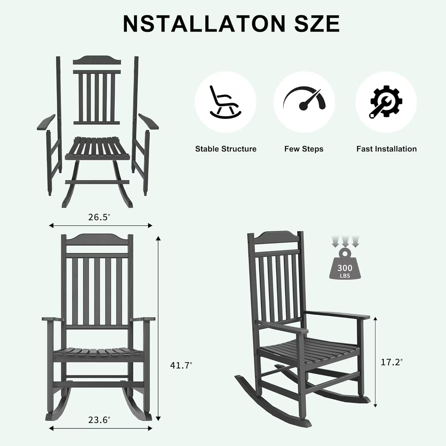 Joxxoaa outdoor Rocking Chair Set of 1,Porch Rocker All Weather Resistant Porch Rocker for Lawn Garden High Back Armrest Set of 1 (Black).