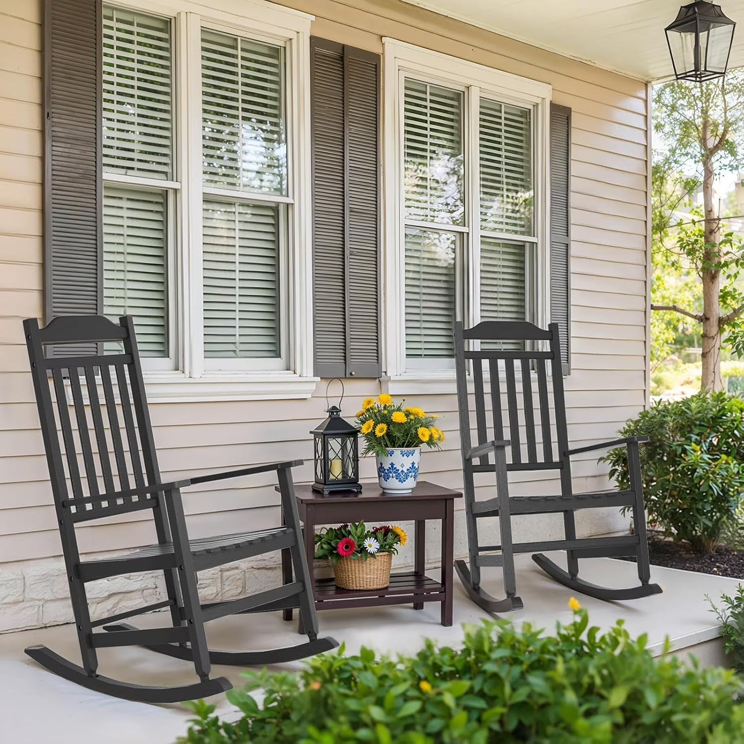 Joxxoaa outdoor Rocking Chair Set of 1,Porch Rocker All Weather Resistant Porch Rocker for Lawn Garden High Back Armrest Set of 1 (Black).