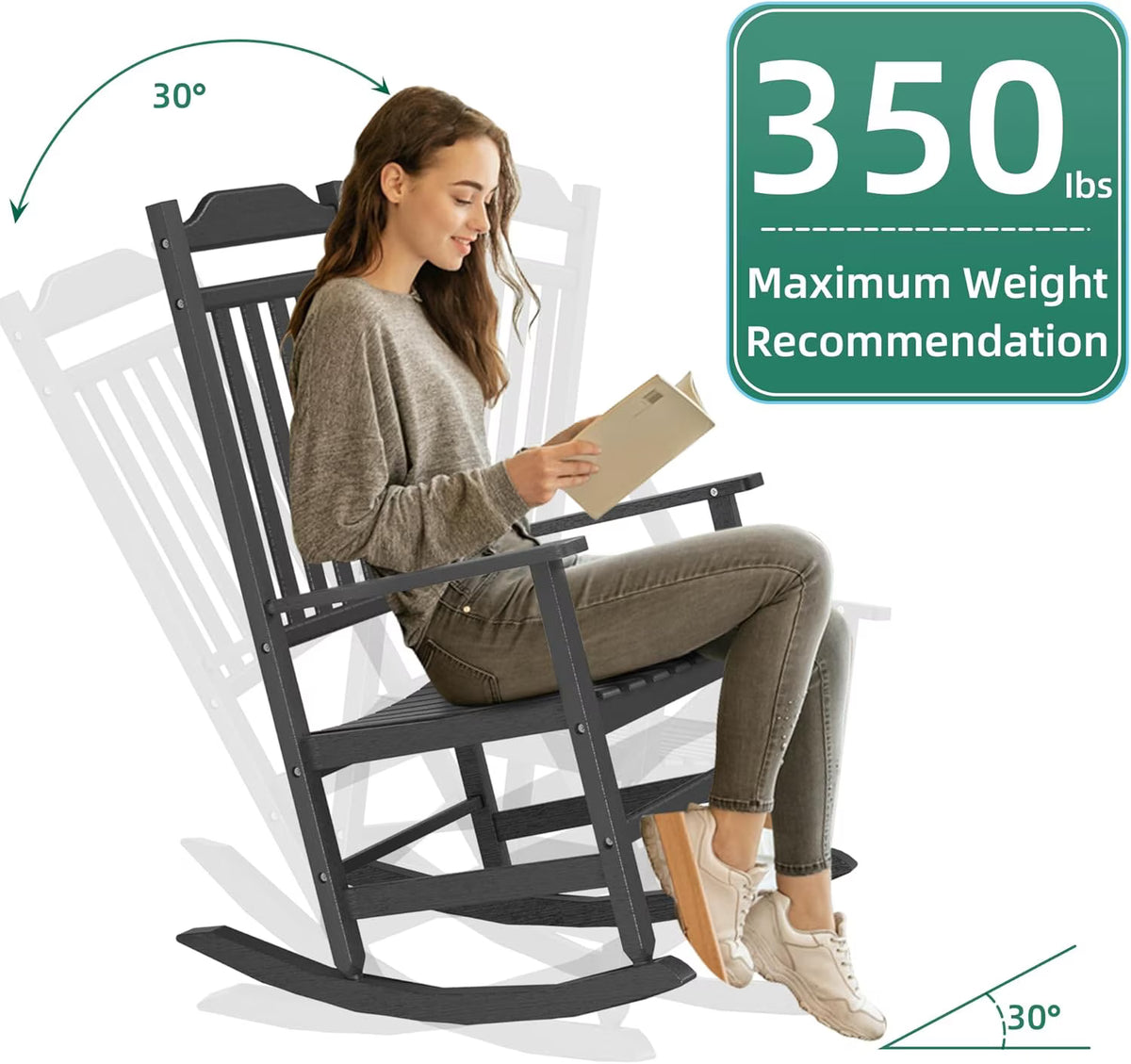 Joxxoaa outdoor Rocking Chair Set of 2,Porch Rocker All Weather Resistant Porch Rocker for Lawn Garden High Back Armrest Set of 2 (Black)