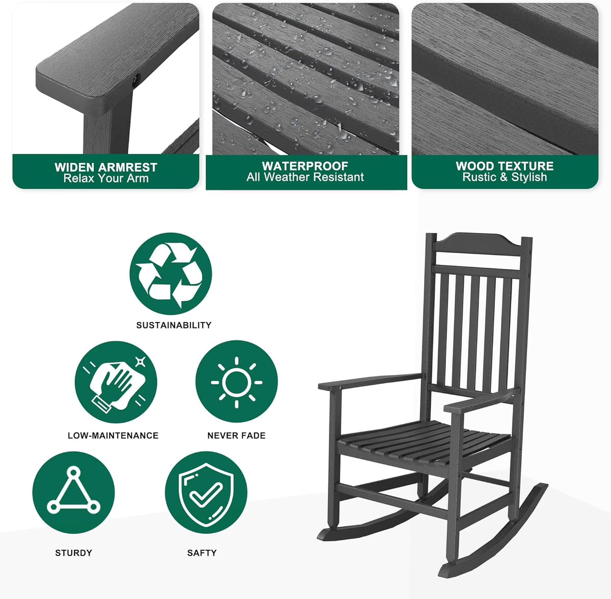 Joxxoaa outdoor Rocking Chair Set of 2,Porch Rocker All Weather Resistant Porch Rocker for Lawn Garden High Back Armrest Set of 2 (Black)