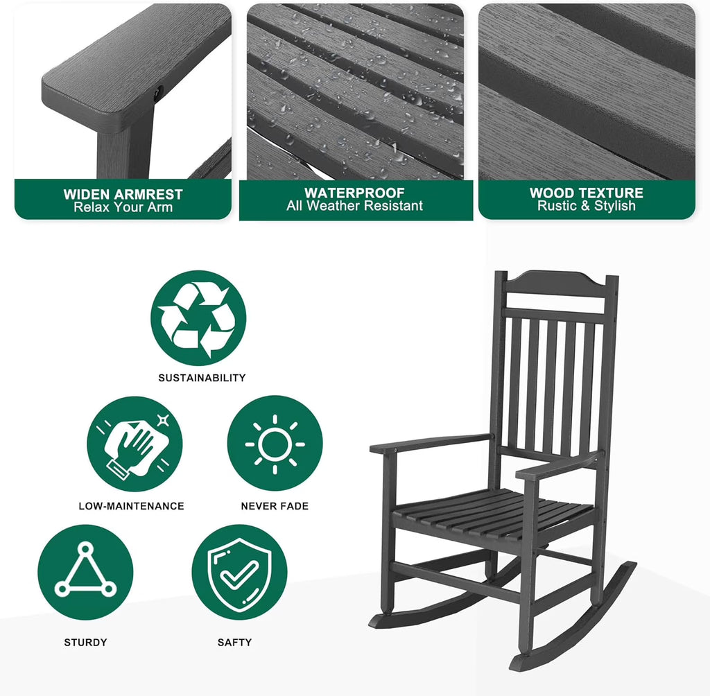 Joxxoaa outdoor Rocking Chair Set of 1,Porch Rocker All Weather Resistant Porch Rocker for Lawn Garden High Back Armrest Set of 1 (Black).