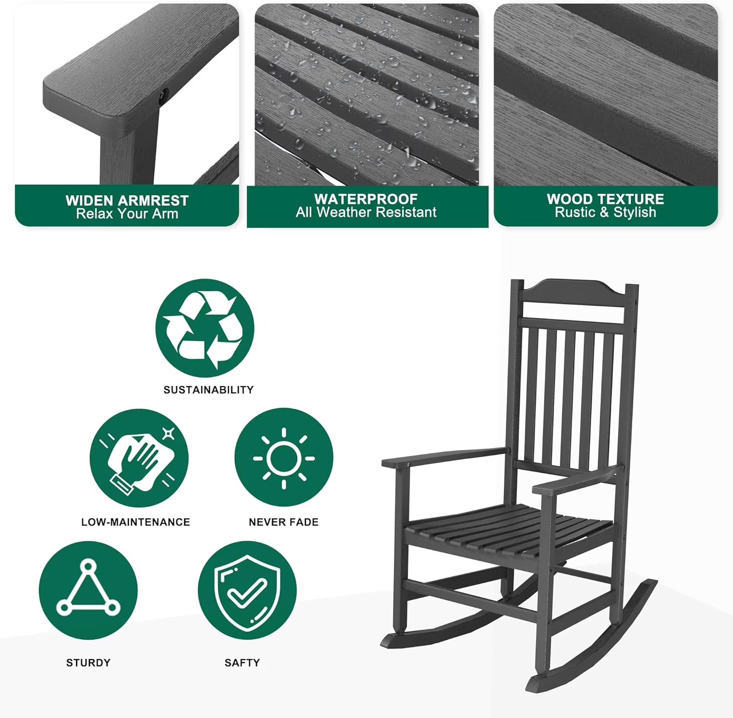 Joxxoaa outdoor Rocking Chair Set of 1,Porch Rocker All Weather Resistant Porch Rocker for Lawn Garden High Back Armrest Set of 1 (Black).