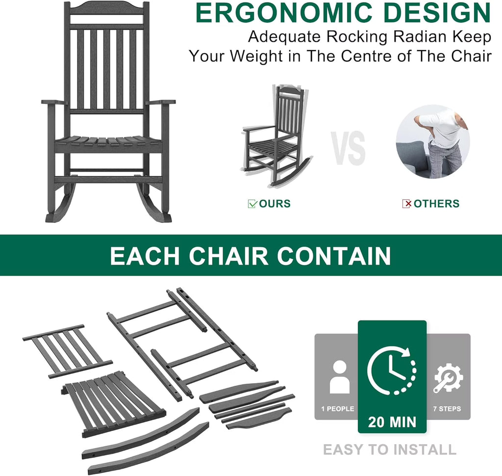 Joxxoaa outdoor Rocking Chair Set of 1,Porch Rocker All Weather Resistant Porch Rocker for Lawn Garden High Back Armrest Set of 1 (Black).