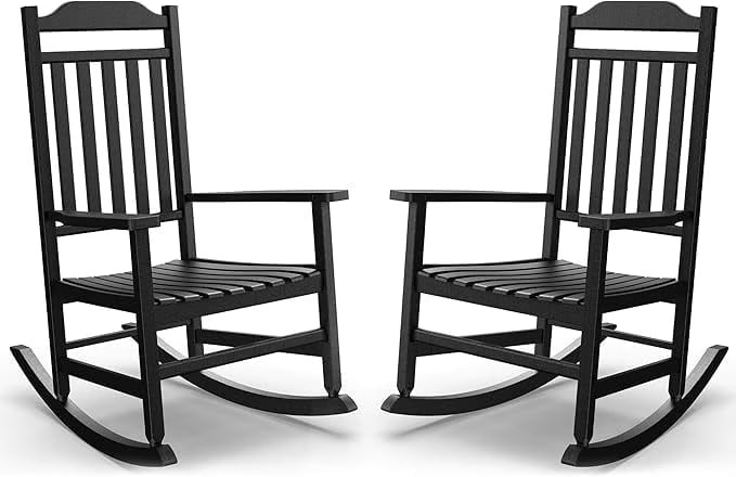 Joxxoaa outdoor Rocking Chair Set of 2,Porch Rocker All Weather Resistant Porch Rocker for Lawn Garden High Back Armrest Set of 2 (Black)