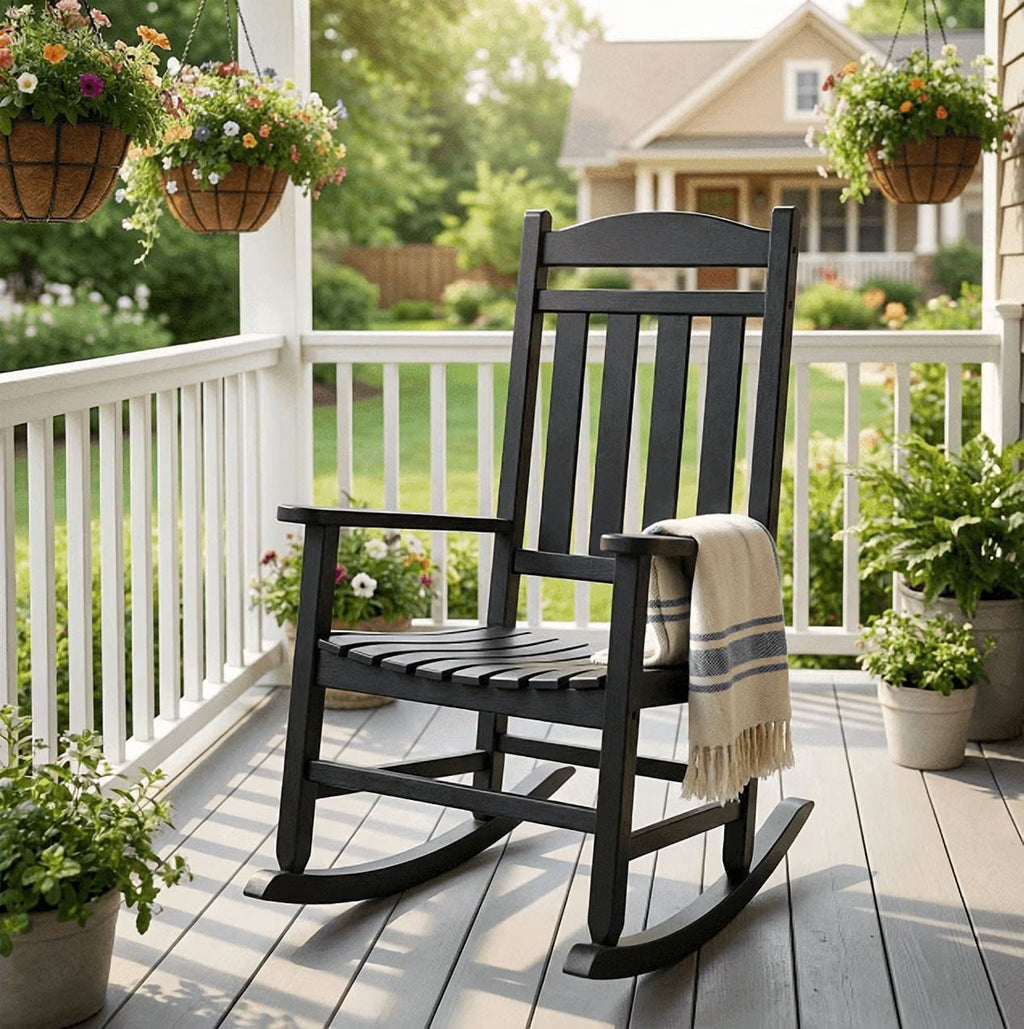 Joxxoaa outdoor Rocking Chair Set of 1,Porch Rocker All Weather Resistant Porch Rocker for Lawn Garden High Back Armrest Set of 1 (Black).