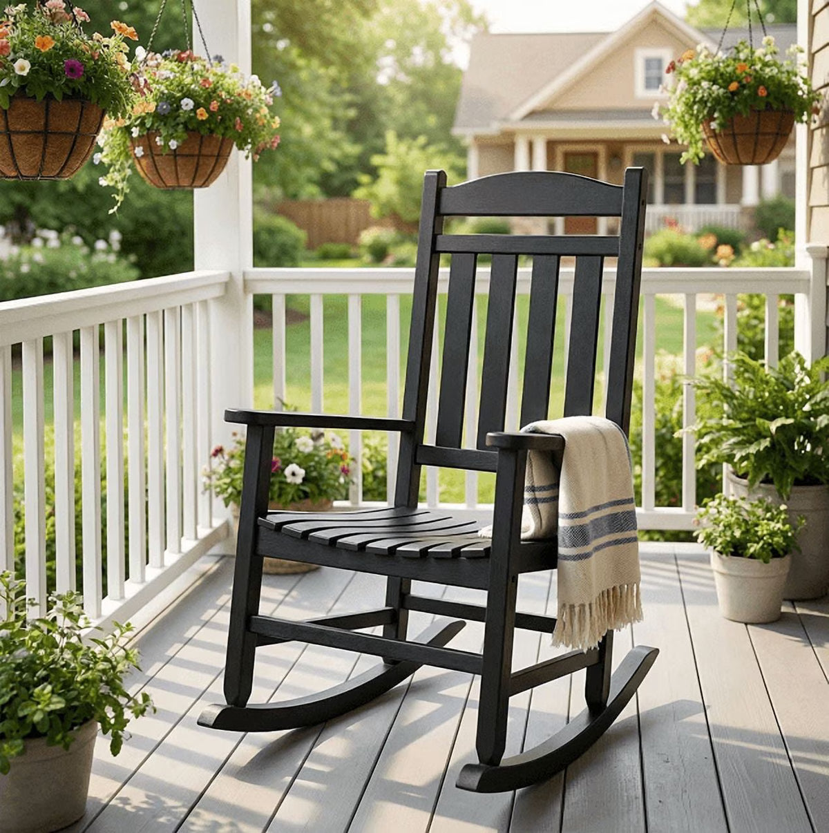 Joxxoaa outdoor Rocking Chair Set of 1,Porch Rocker All Weather Resistant Porch Rocker for Lawn Garden High Back Armrest Set of 1 (Black).