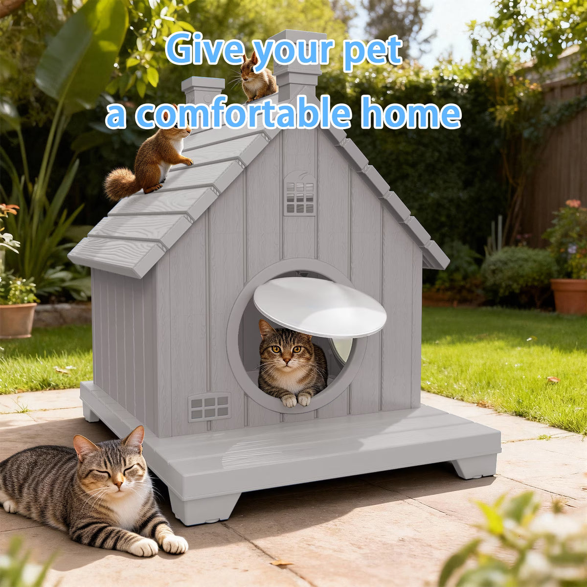 Joxxoaa Resin Outdoor Cat House – Waterproof and Ventilated Pet Shelter for Cats and Small Puppies; Easy to Assemble and Scratch-Resistant
