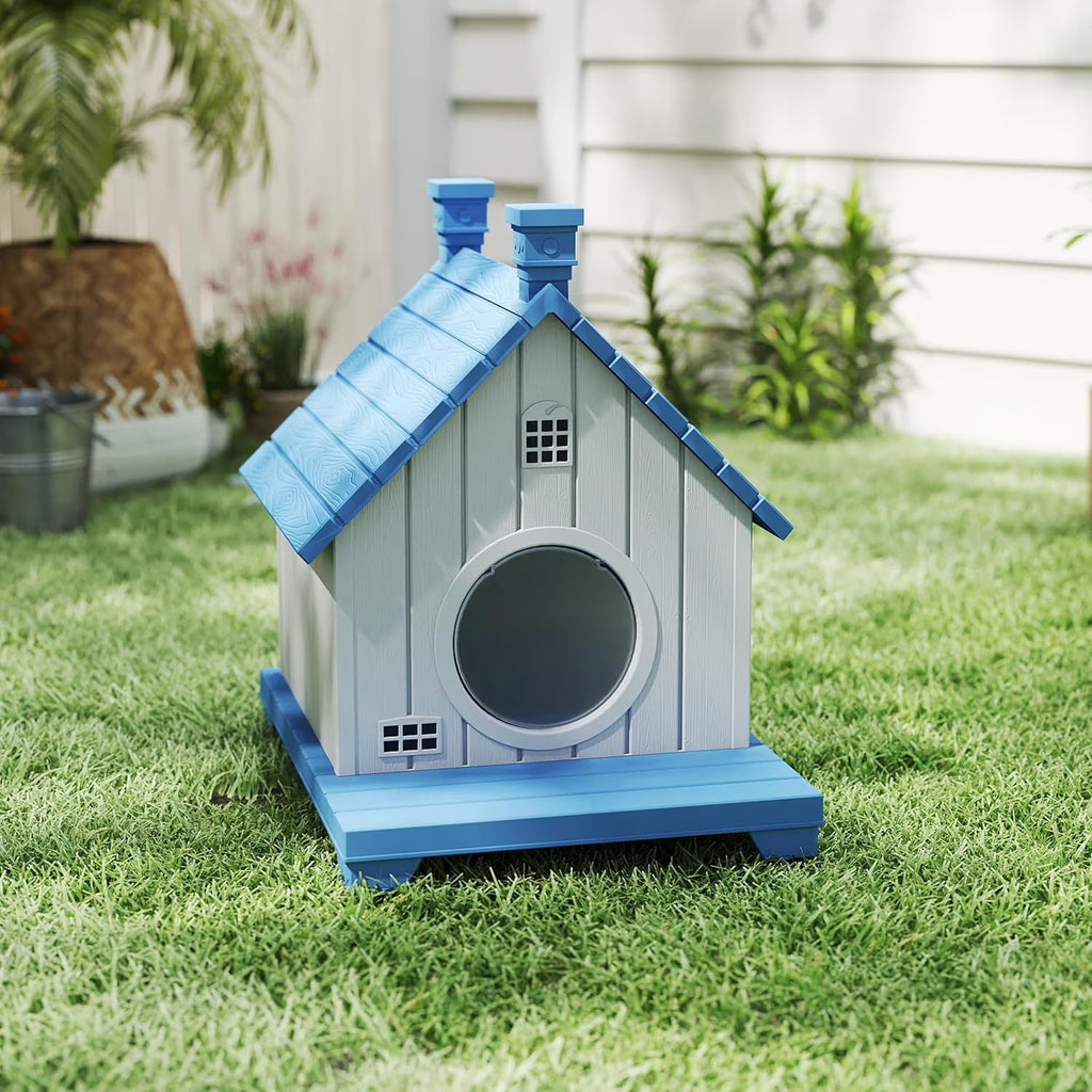 Joxxoaa Blue Resin Outdoor Pet House, Weatherproof Ventilated Cat Shelter for Cats, Kittens & Small Puppies.