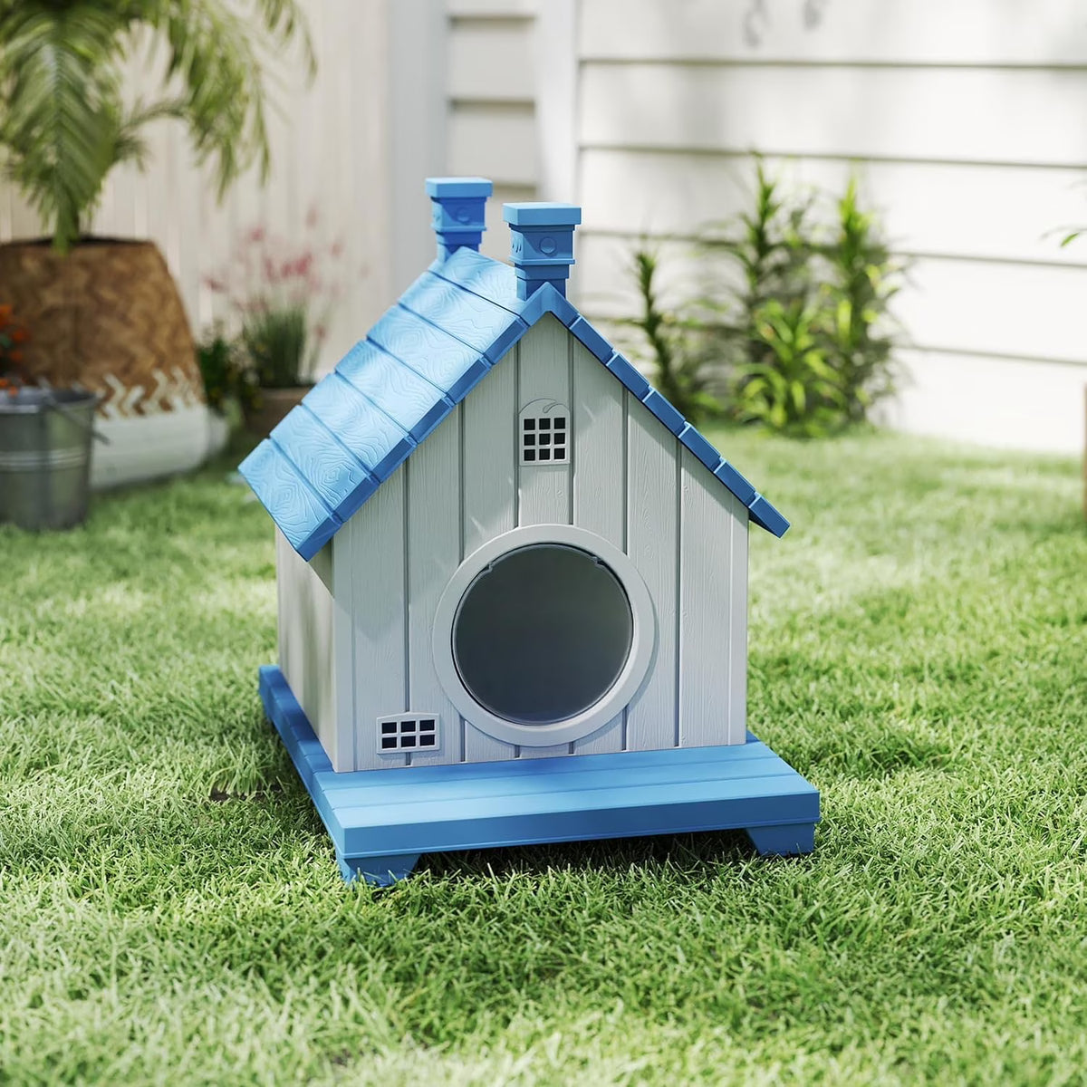 Joxxoaa Blue Resin Outdoor Pet House, Weatherproof Ventilated Cat Shelter for Cats, Kittens & Small Puppies.