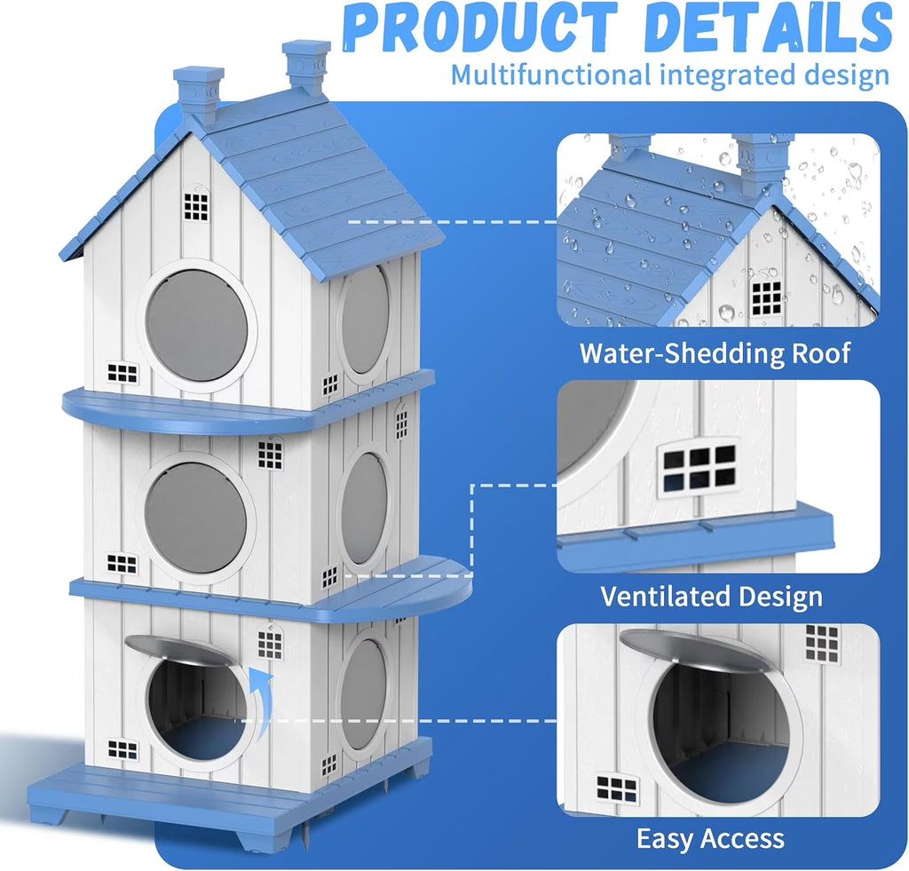 Joxxoaa Gray Resin Two-Tier Outdoor Cat House, Weatherproof Ventilated Pet Shelter for Cats Kittens Small Puppies, Easy Assembly Scratch Resistant Cat House