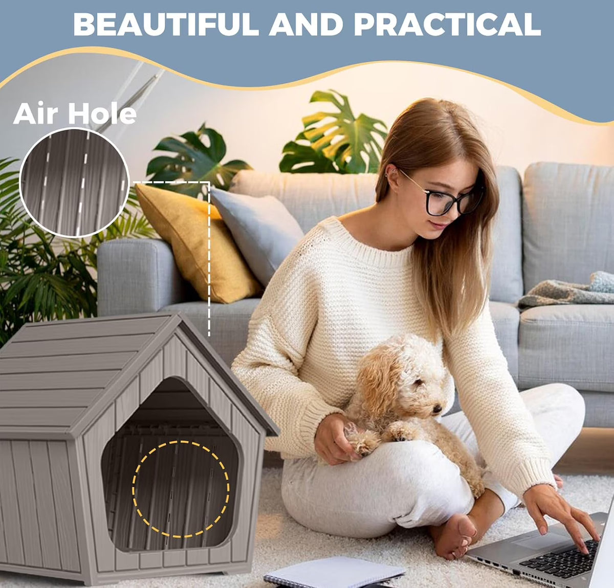 Joxxoaa Resin Outdoor Cat House, Weatherproof Ventilated Pet Shelter, Easy Clean for Cats Kittens Puppies, Blue &Gray