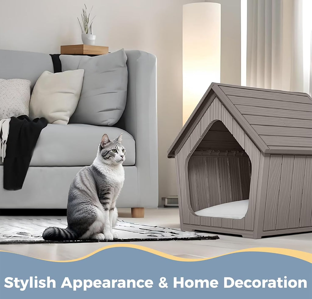 Joxxoaa Resin Outdoor Cat House, Weatherproof Ventilated Pet Shelter, Easy Clean for Cats Kittens Puppies, Blue &Gray