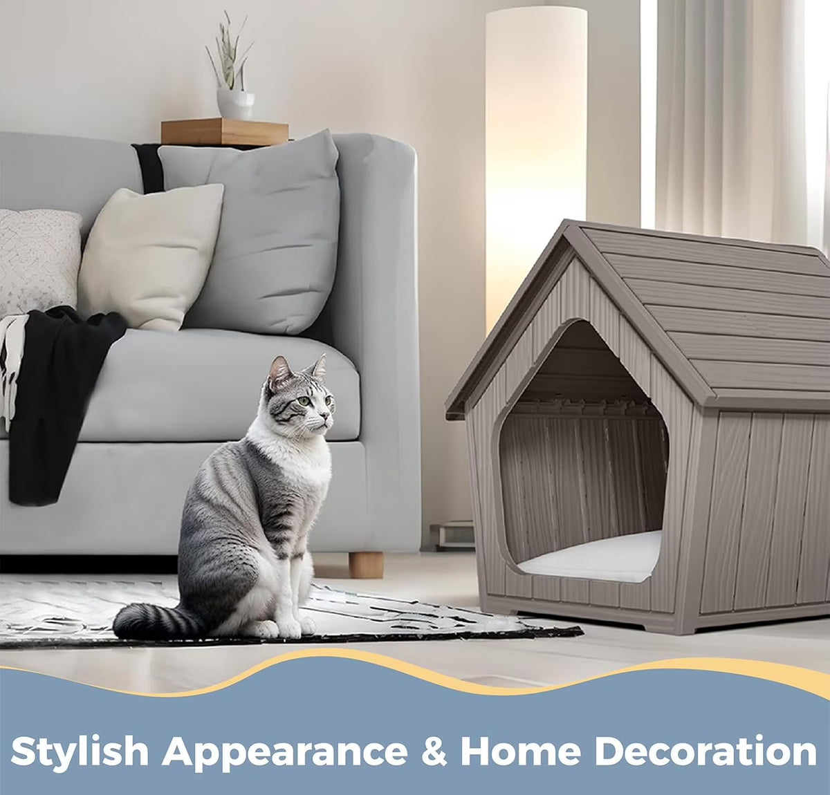 Joxxoaa Resin Outdoor Cat House, Weatherproof Ventilated Pet Shelter, Easy Clean for Cats Kittens Puppies, Blue &Gray