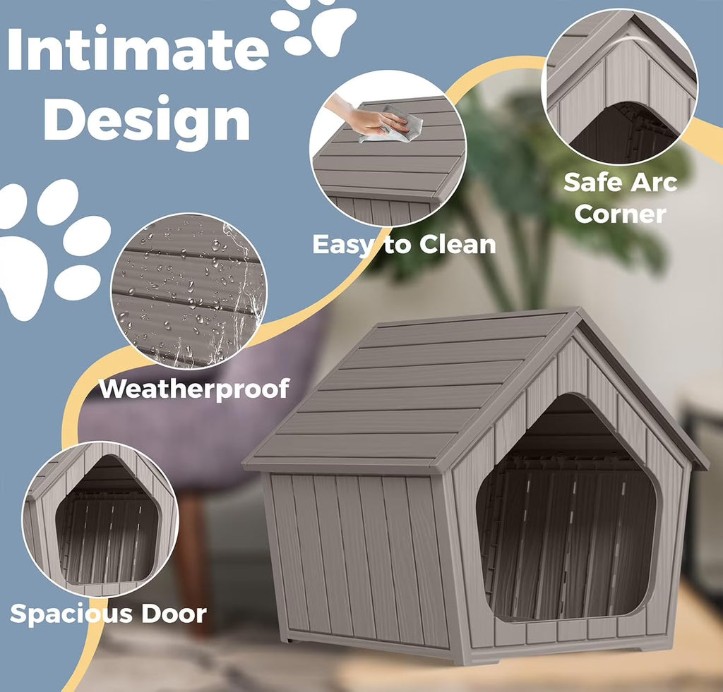 Joxxoaa Resin Outdoor Cat House, Weatherproof Ventilated Pet Shelter, Easy Clean for Cats Kittens Puppies, Blue &Gray