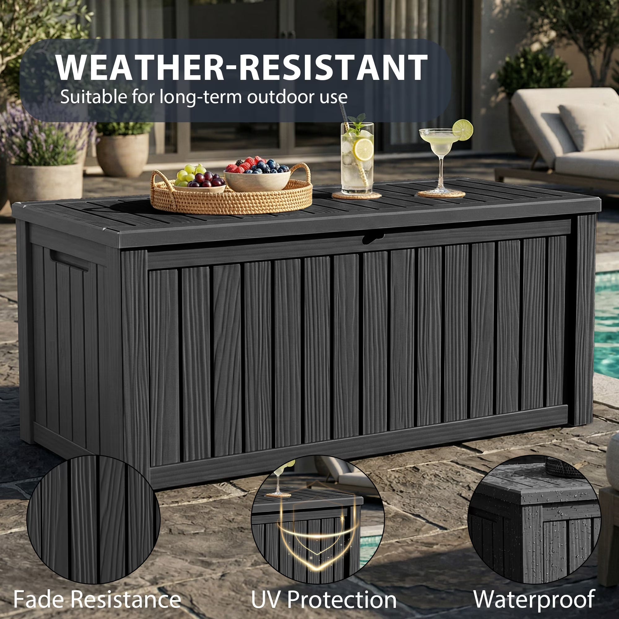 Joxxoaa Black 120 Gallon Resin Deck Storage Box, 2-Seater Outdoor Bench with Lockable Lid for Patio Garden Poolside Storage