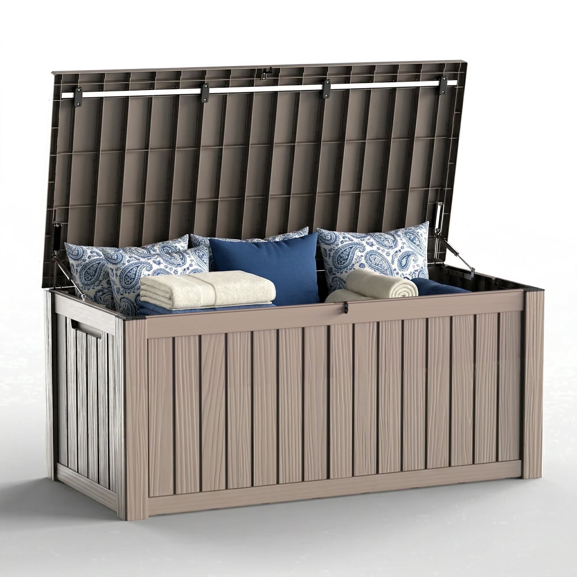 Joxxoaa Gray 120 Gallon Resin Deck Storage Box, 2-Seater Outdoor Bench with Lockable Lid for Patio Garden Poolside Storage.