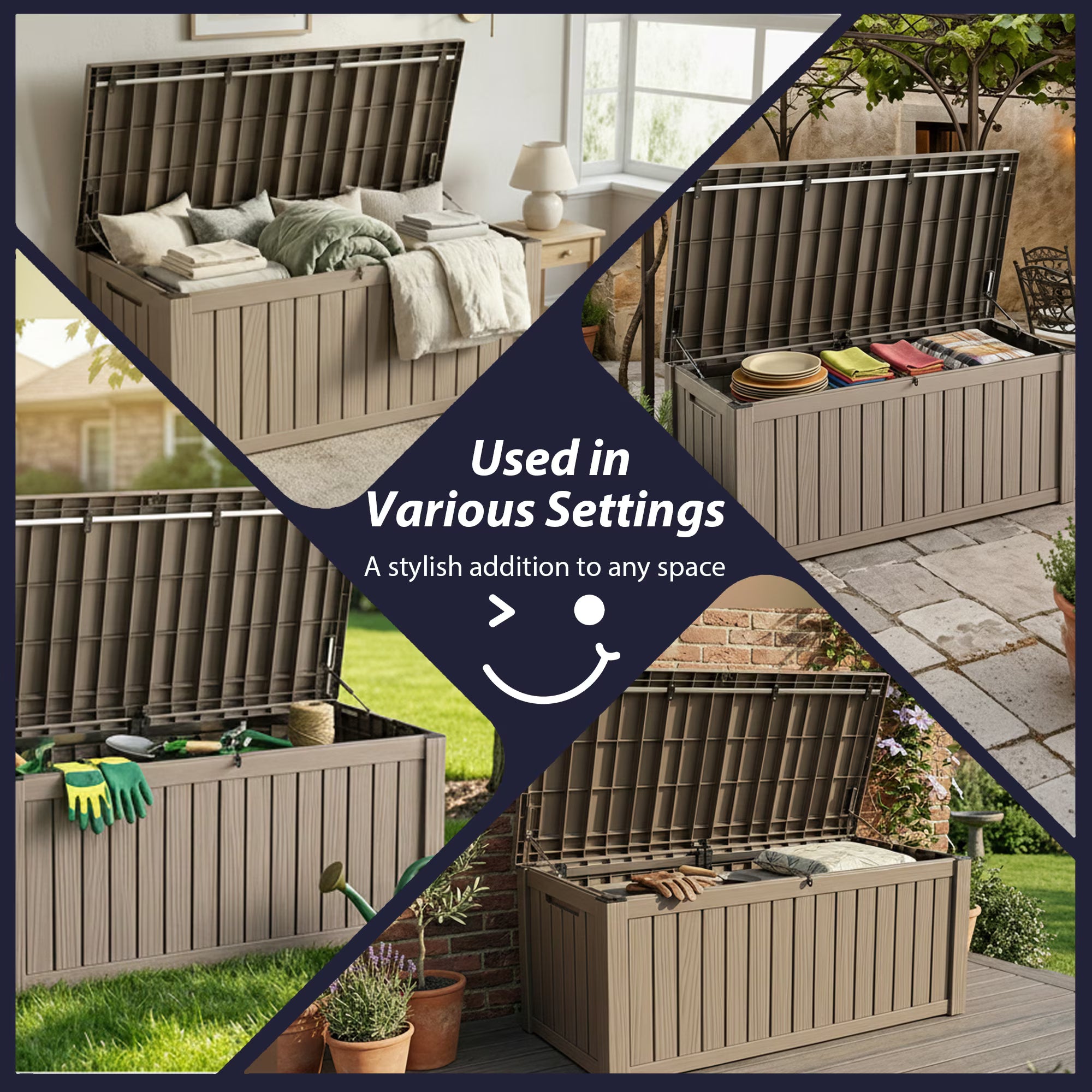 Joxxoaa Gray 120 Gallon Resin Deck Storage Box, 2-Seater Outdoor Bench with Lockable Lid for Patio Garden Poolside Storage.