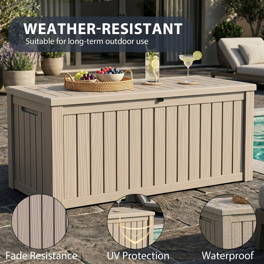 Joxxoaa Gray 120 Gallon Resin Deck Storage Box, 2-Seater Outdoor Bench with Lockable Lid for Patio Garden Poolside Storage.