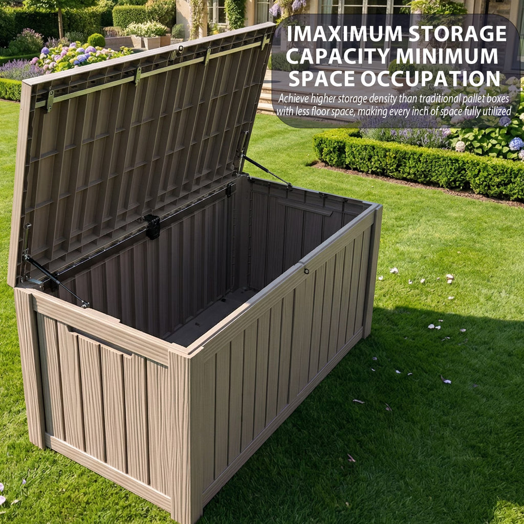 Joxxoaa Gray 120 Gallon Resin Deck Storage Box, 2-Seater Outdoor Bench with Lockable Lid for Patio Garden Poolside Storage.
