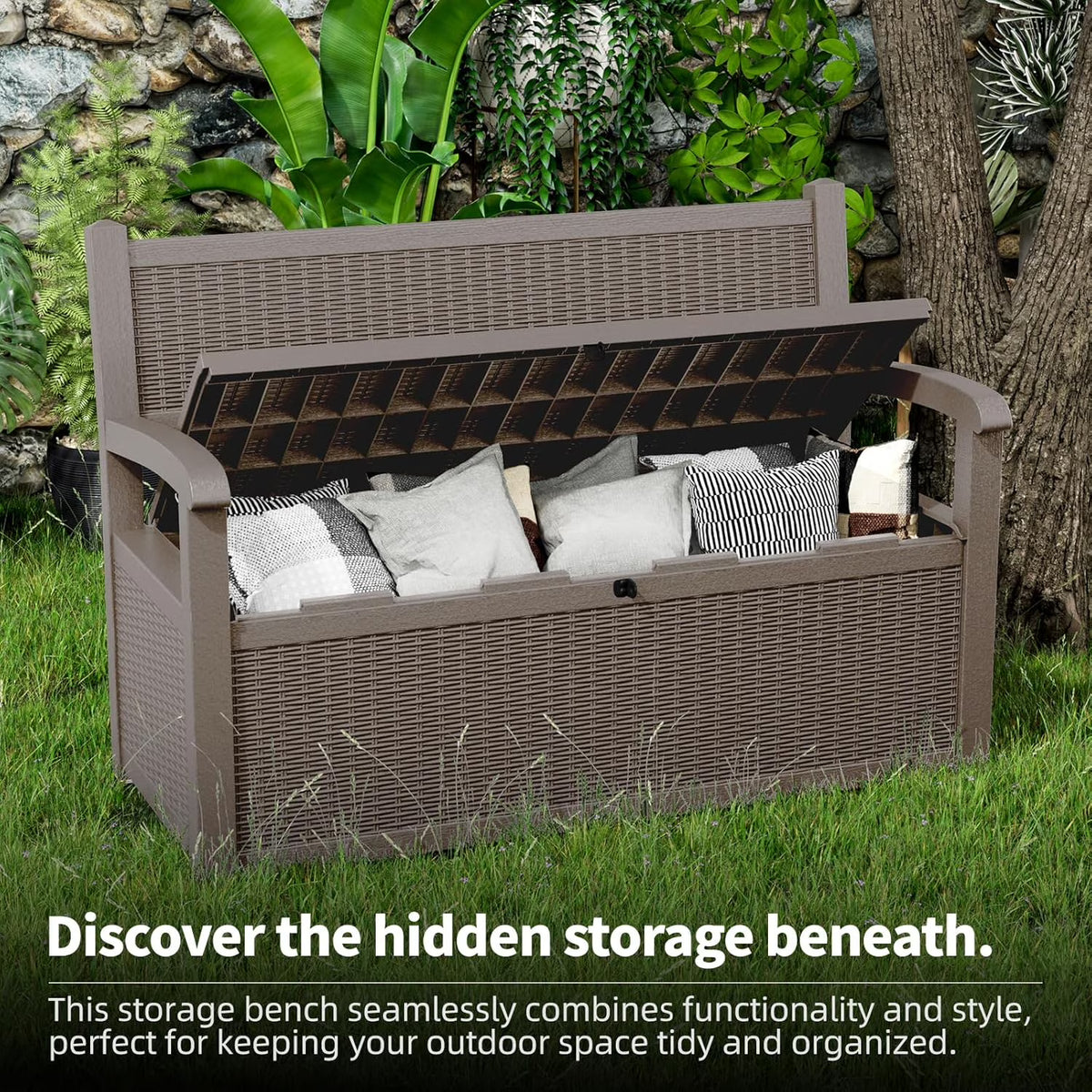 Joxxoaa 80 Gallon Outdoor Storage Bench Deck Box Waterproof Lockable,Outdoor Storage Furniture for Patio,Garden and Porch,Tools and Cushions（Grey）