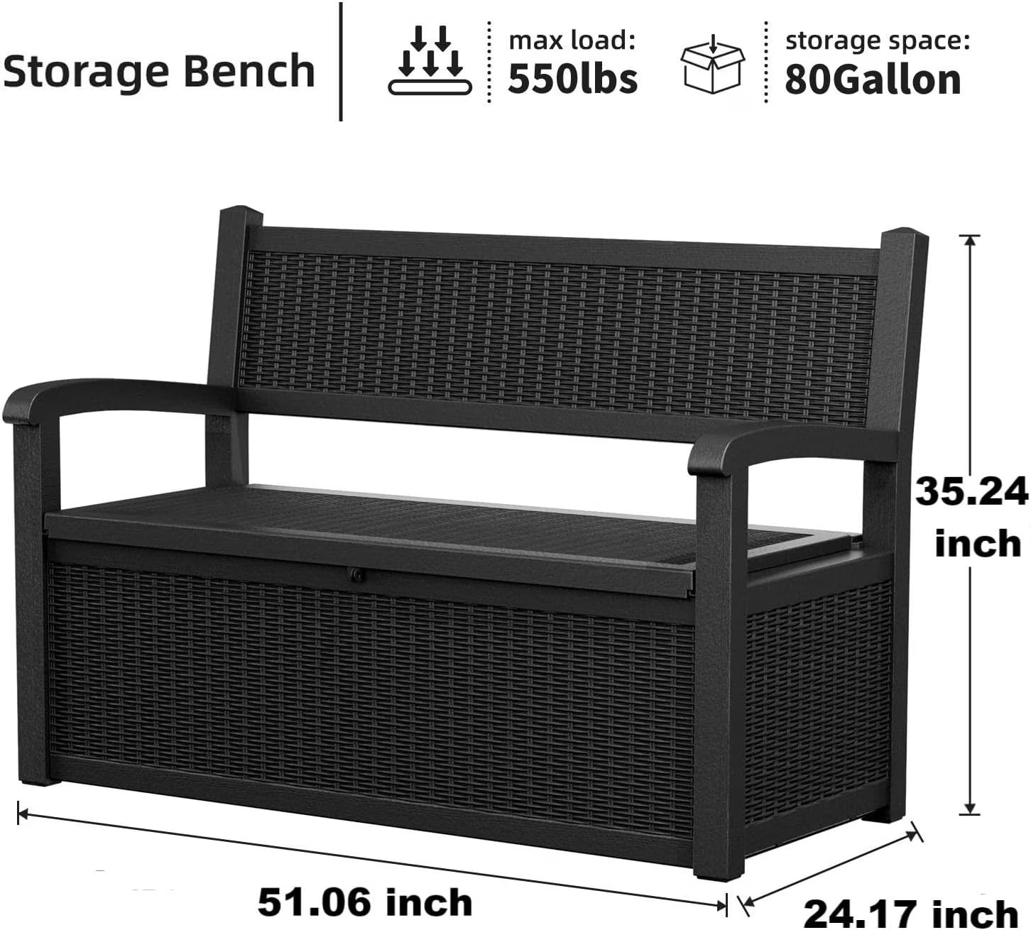 Joxxoaa 80 Gallon Outdoor Storage Bench Deck Box Waterproof Lockable,Outdoor Storage Furniture for Patio,Garden and Porch,Tools and Cushions（Black）