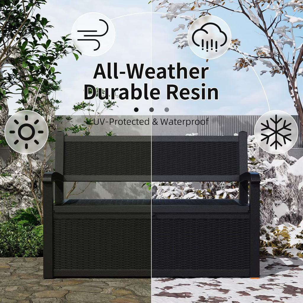 Joxxoaa 80 Gallon Outdoor Storage Bench Deck Box Waterproof Lockable,Outdoor Storage Furniture for Patio,Garden and Porch,Tools and Cushions（Black）
