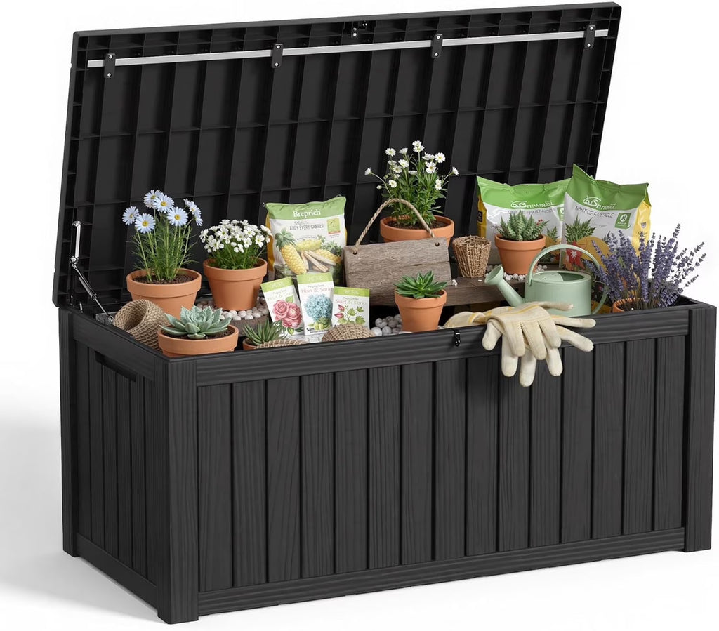Joxxoaa 150 Gallon Outdoor Storage Box Waterproof Outside Resin Deck Box, Lockable Storage Bin for Patio Furniture,Garden Tools,Cushions,Pool Accessories(Black)