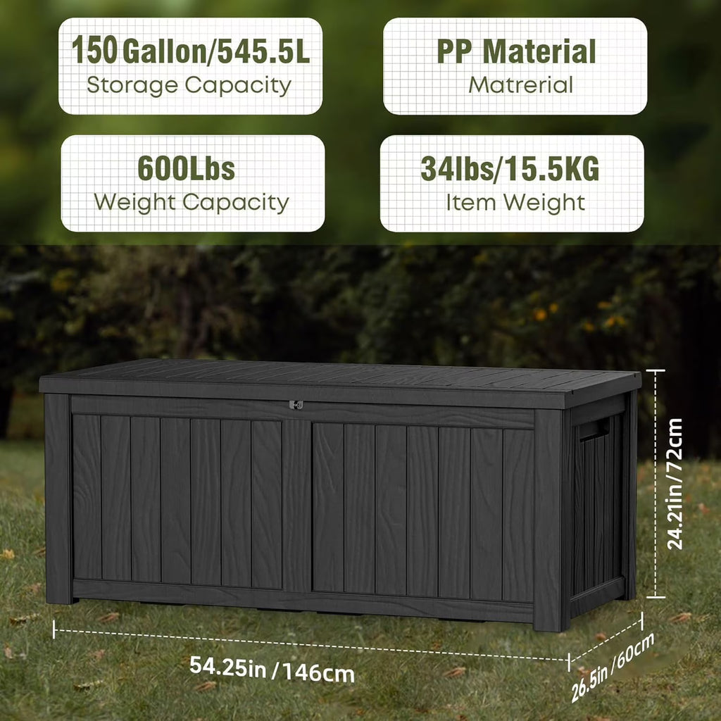 Joxxoaa 150 Gallon Outdoor Storage Box Waterproof Outside Resin Deck Box, Lockable Storage Bin for Patio Furniture,Garden Tools,Cushions,Pool Accessories(Black)
