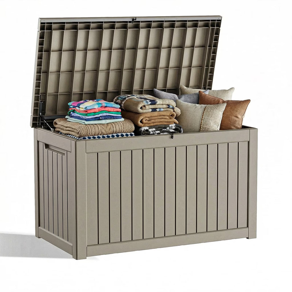 Joxxoaa 180 Gallon Resin Outdoor Deck Box Waterproof Patio Furniture, Garden Tools, Cushions, Pool Accessories Outside Storage (Grey)