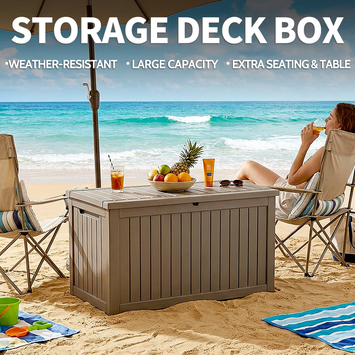 Joxxoaa 180 Gallon Resin Outdoor Deck Box Waterproof Patio Furniture, Garden Tools, Cushions, Pool Accessories Outside Storage (Grey)