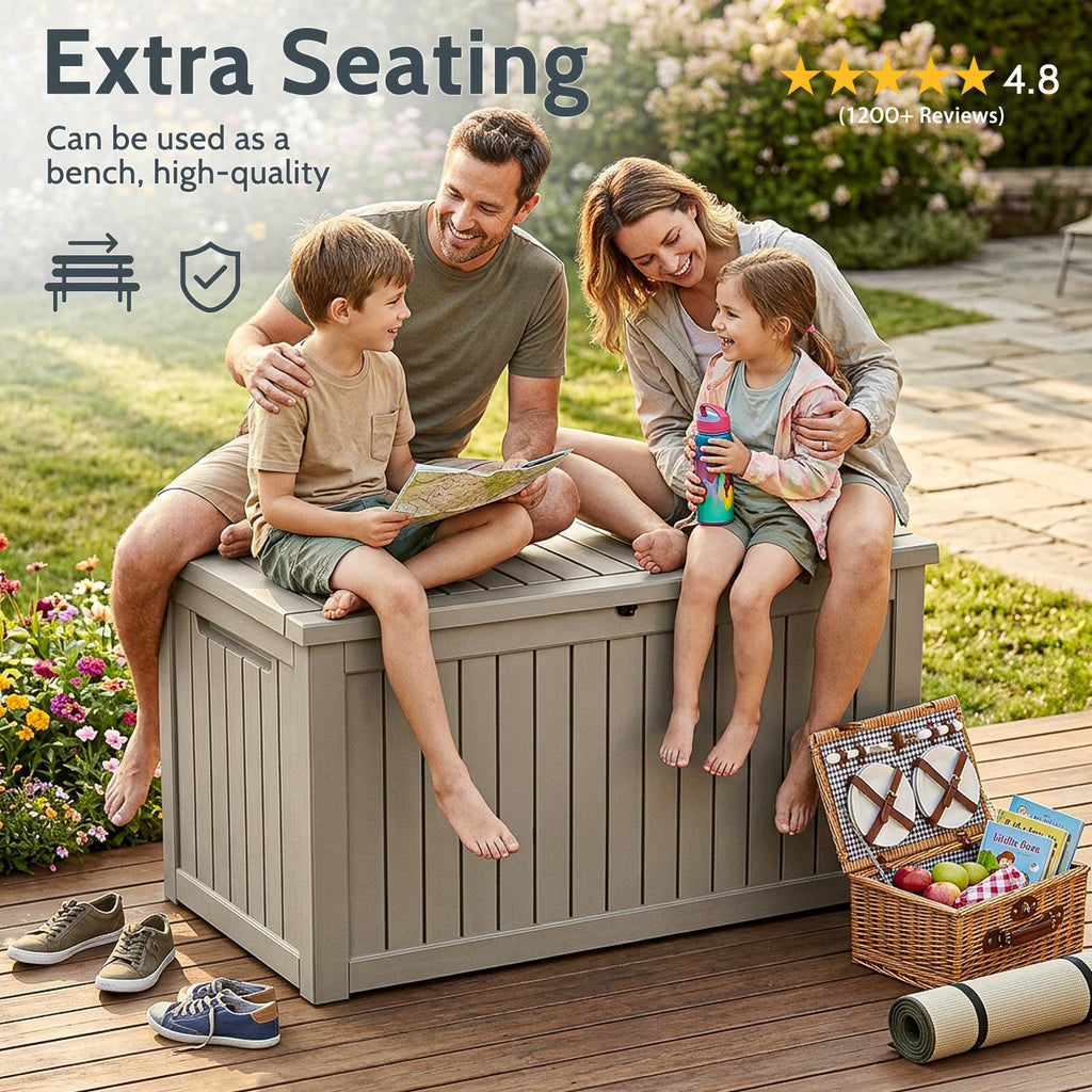Joxxoaa 180 Gallon Resin Outdoor Deck Box Waterproof Patio Furniture, Garden Tools, Cushions, Pool Accessories Outside Storage (Grey)