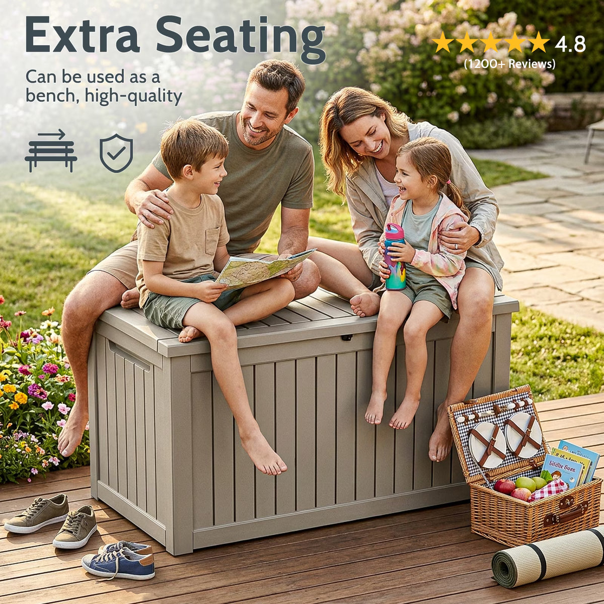 Joxxoaa 180 Gallon Resin Outdoor Deck Box Waterproof Patio Furniture, Garden Tools, Cushions, Pool Accessories Outside Storage (Grey)