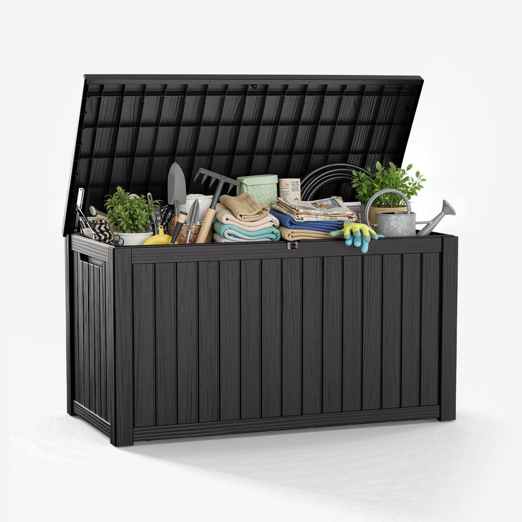 Joxxoaa 180 Gallon Resin Outdoor Deck Box Waterproof Patio Furniture, Garden Tools, Cushions, Pool Accessories Outside Storage (Black)