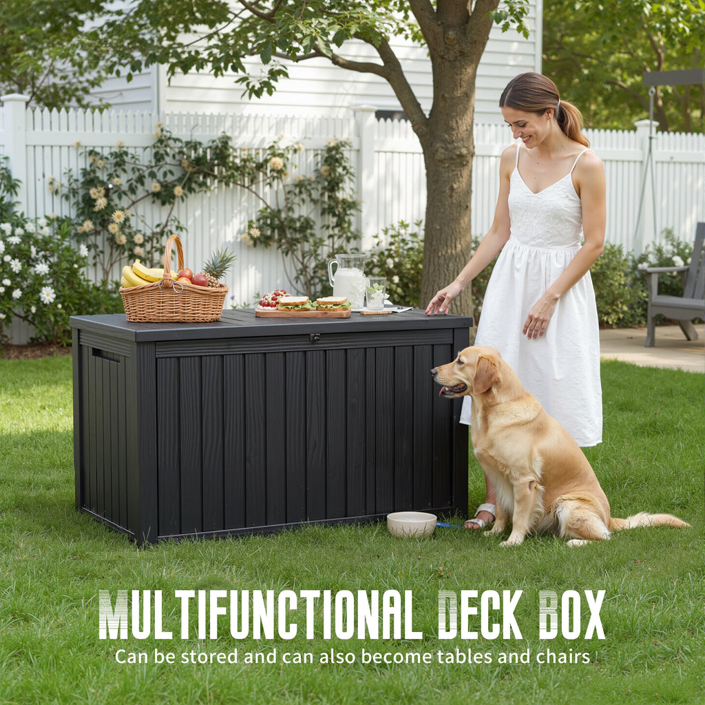 Joxxoaa 180 Gallon Resin Outdoor Deck Box Waterproof Patio Furniture, Garden Tools, Cushions, Pool Accessories Outside Storage (Black)
