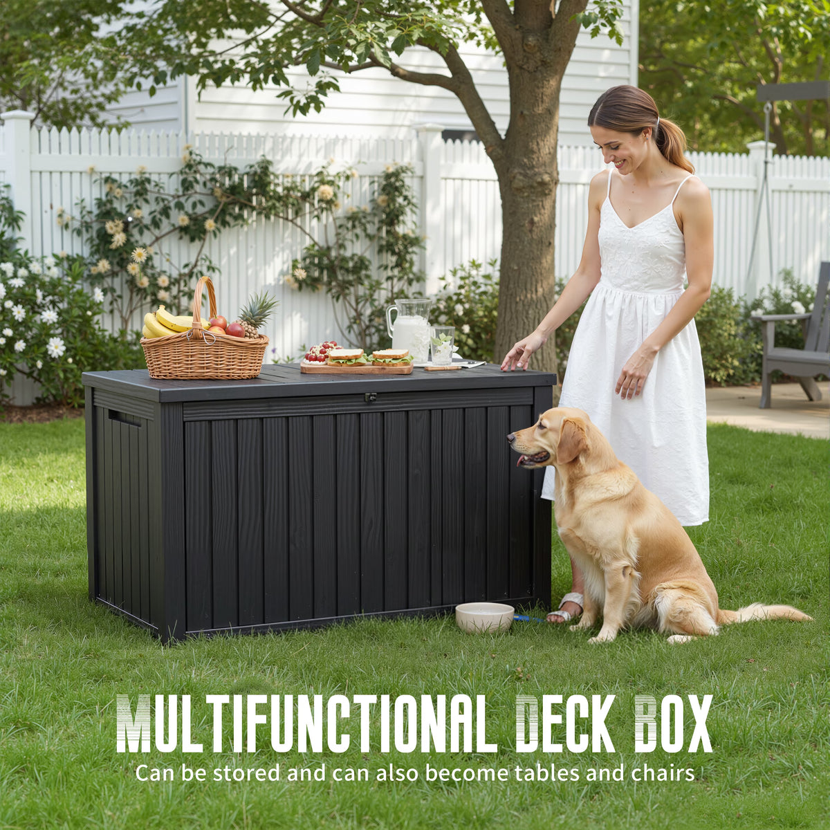 Joxxoaa 180 Gallon Resin Outdoor Deck Box Waterproof Patio Furniture, Garden Tools, Cushions, Pool Accessories Outside Storage (Black)