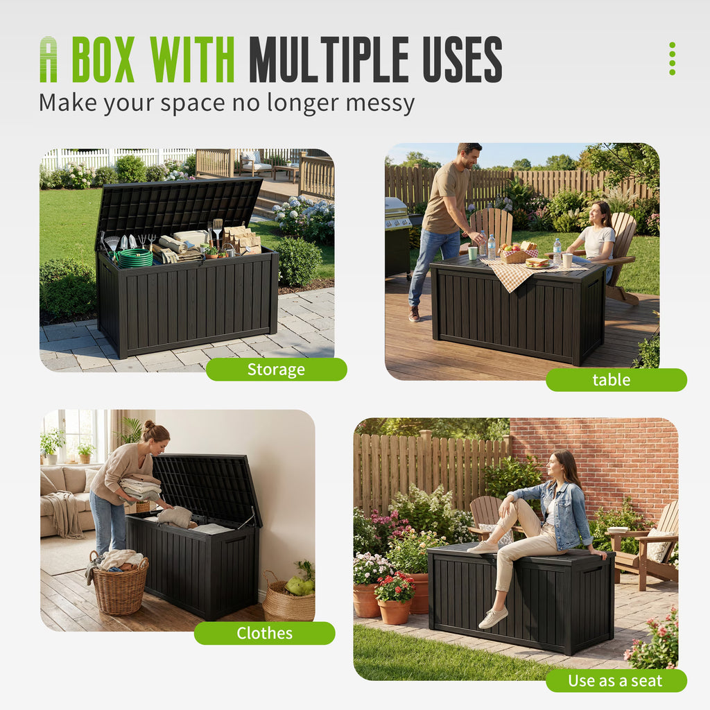 Joxxoaa 180 Gallon Resin Outdoor Deck Box Waterproof Patio Furniture, Garden Tools, Cushions, Pool Accessories Outside Storage (Black)