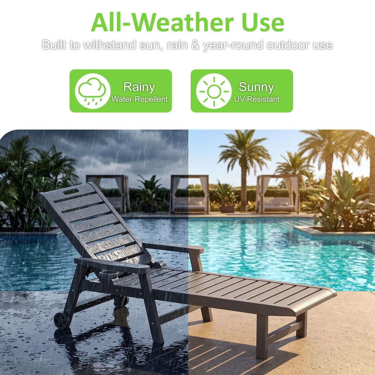 Joxxoaa Outdoor resin lounge chair, adjustable tilt patio chair, waterproof and easy to clean, with wheels and cup holder, suitable for poolside backyards. Gray/Black
