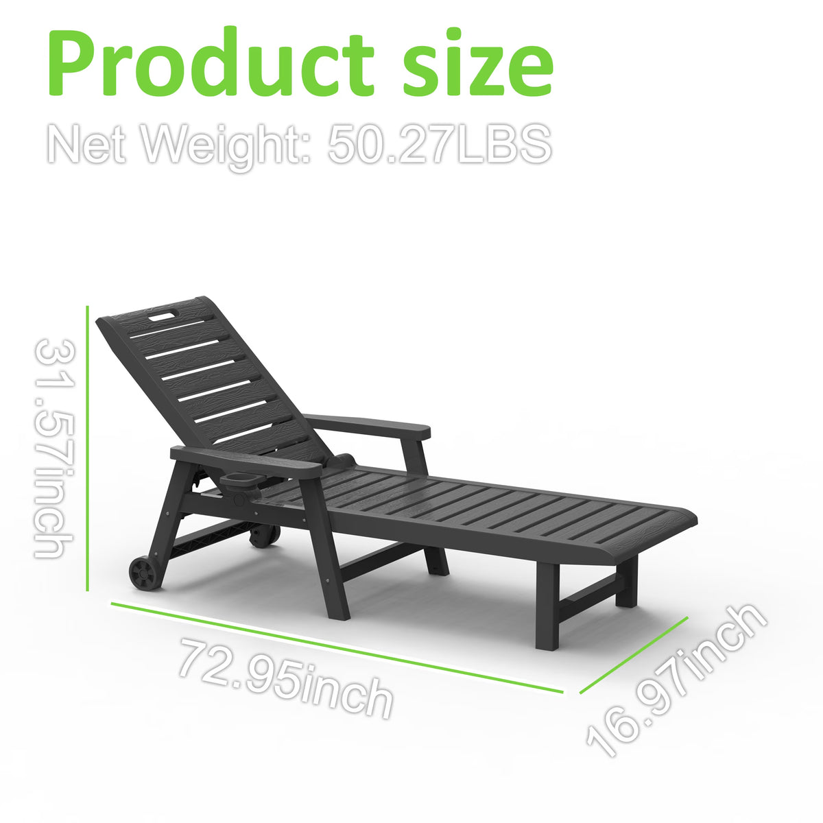 Joxxoaa Outdoor resin lounge chair, adjustable tilt patio chair, waterproof and easy to clean, with wheels and cup holder, suitable for poolside backyards. Gray/Black