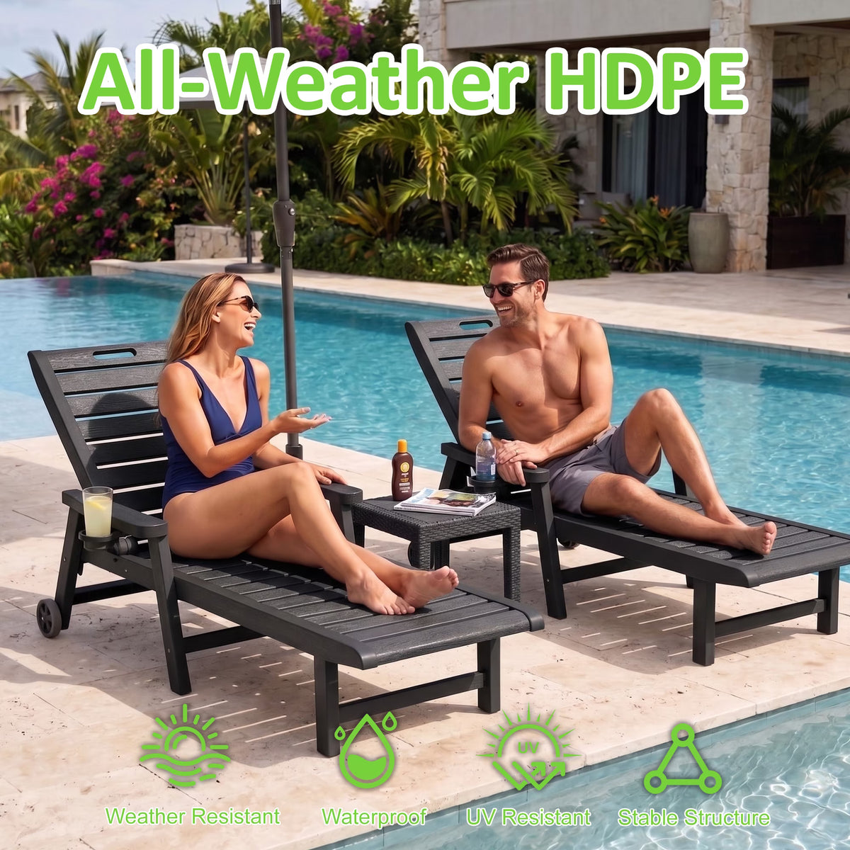 Joxxoaa Outdoor resin lounge chair, adjustable tilt patio chair, waterproof and easy to clean, with wheels and cup holder, suitable for poolside backyards. Gray/Black