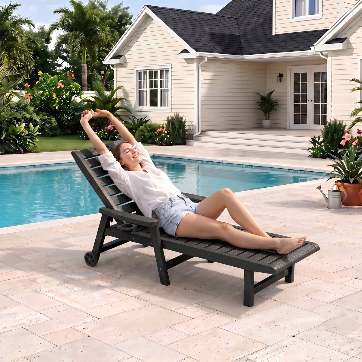Joxxoaa Outdoor resin lounge chair, adjustable tilt patio chair, waterproof and easy to clean, with wheels and cup holder, suitable for poolside backyards. Gray/Black