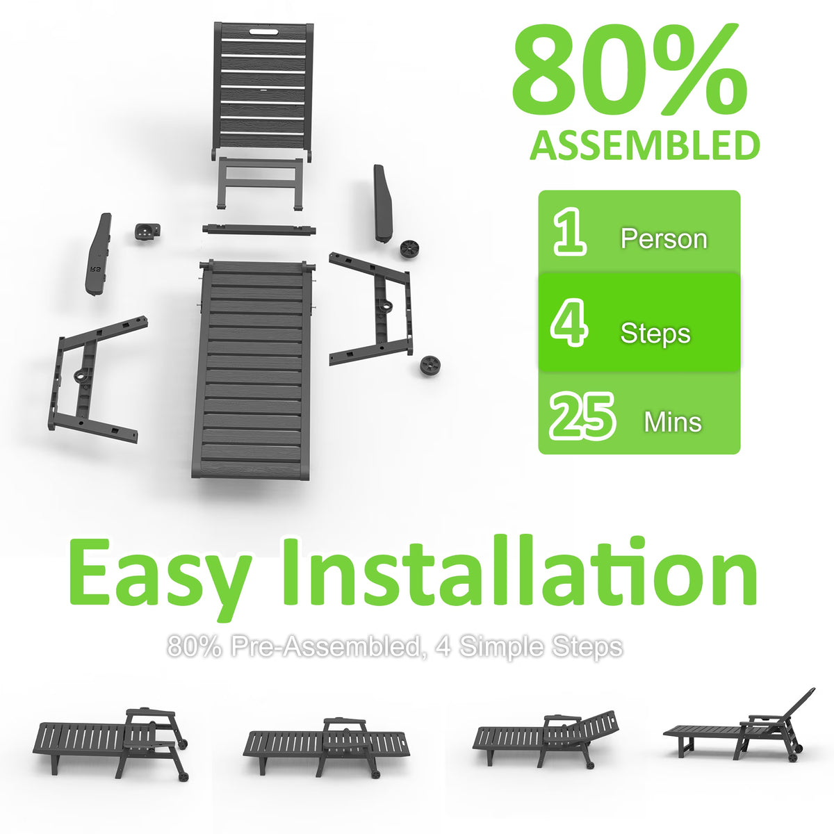 Joxxoaa Outdoor resin lounge chair, adjustable tilt patio chair, waterproof and easy to clean, with wheels and cup holder, suitable for poolside backyards. Gray/Black