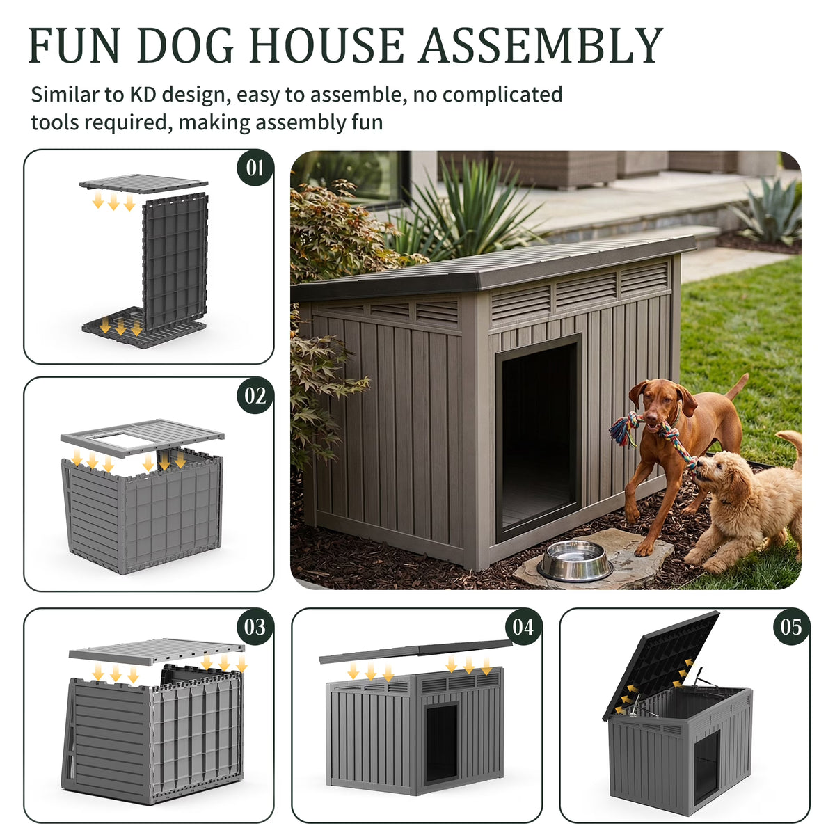 Joxxoaa Large Dog House Outdoor for Indoor with Weatherproof & Removable Roof,Fits Small to Large (Gray)
