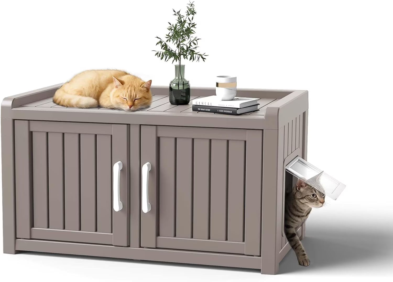 Joxxoaa Outdoor Resin Weatherproof Cat House Cabinet, Insulated Ventilated Pet Shelter for Cats & Kittens, Scratch Resistant Washable Furniture Cabinet, Gray