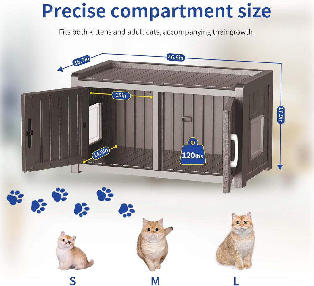 Joxxoaa Outdoor Resin Weatherproof Cat House Cabinet, Insulated Ventilated Pet Shelter for Cats & Kittens, Scratch Resistant Washable Furniture Cabinet, Gray