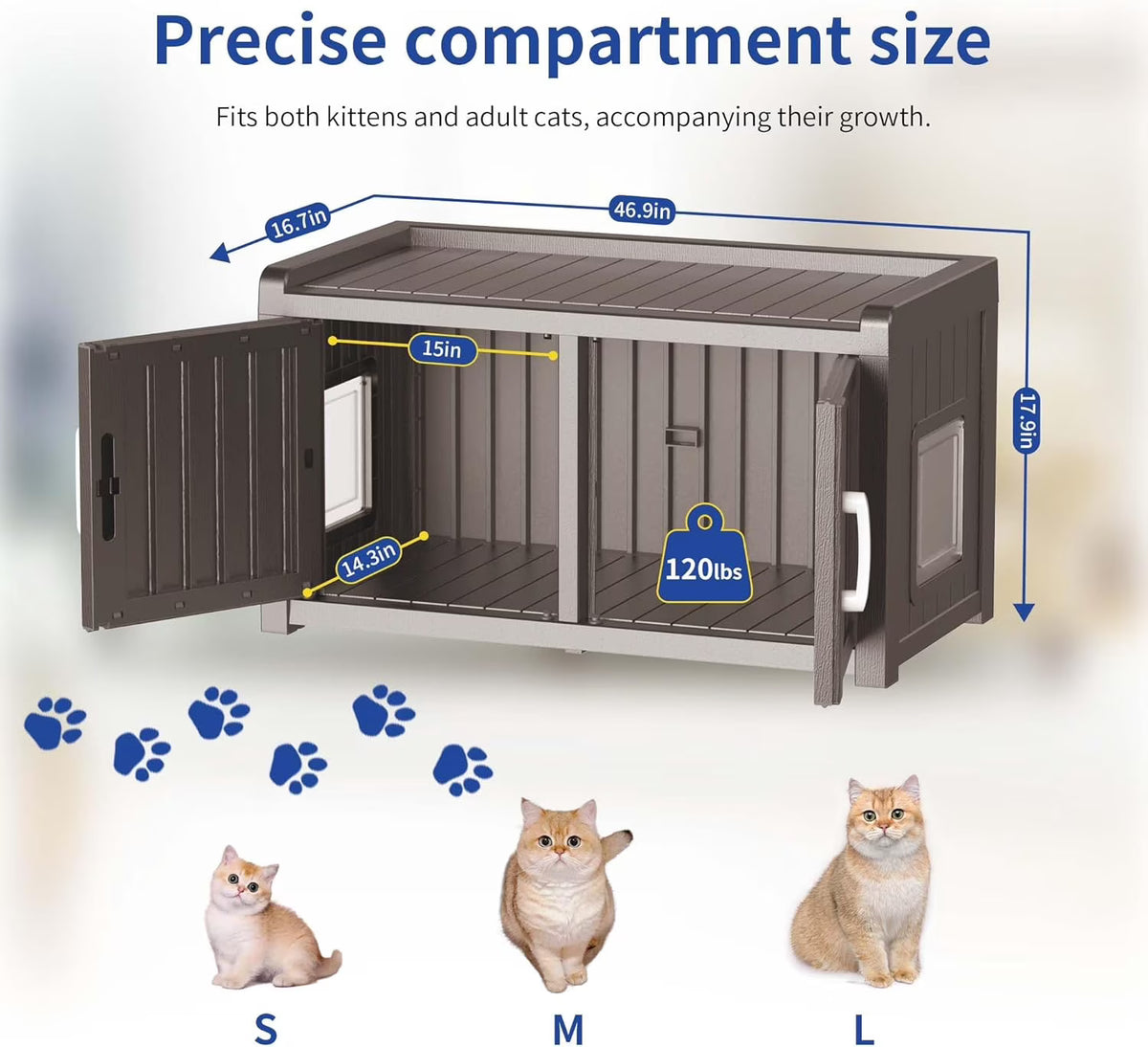 Joxxoaa Outdoor Resin Weatherproof Cat House Cabinet, Insulated Ventilated Pet Shelter for Cats & Kittens, Scratch Resistant Washable Furniture Cabinet, Gray