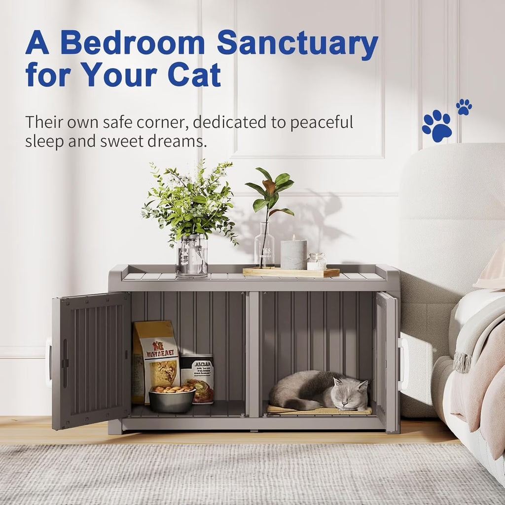 Joxxoaa Outdoor Resin Weatherproof Cat House Cabinet, Insulated Ventilated Pet Shelter for Cats & Kittens, Scratch Resistant Washable Furniture Cabinet, Gray