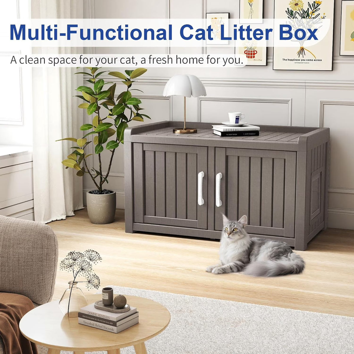 Joxxoaa Outdoor Resin Weatherproof Cat House Cabinet, Insulated Ventilated Pet Shelter for Cats & Kittens, Scratch Resistant Washable Furniture Cabinet, Gray