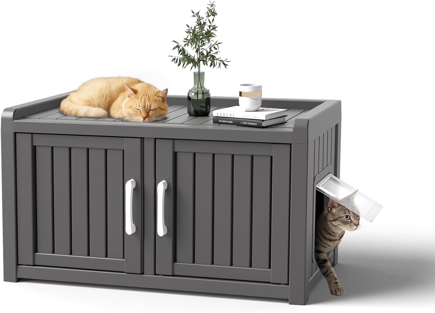 Joxxoaa Resin Outdoor Cat House with Storage Top, Weatherproof Ventilated Pet Shelter for Cats, Kittens and Small Puppies.Black.