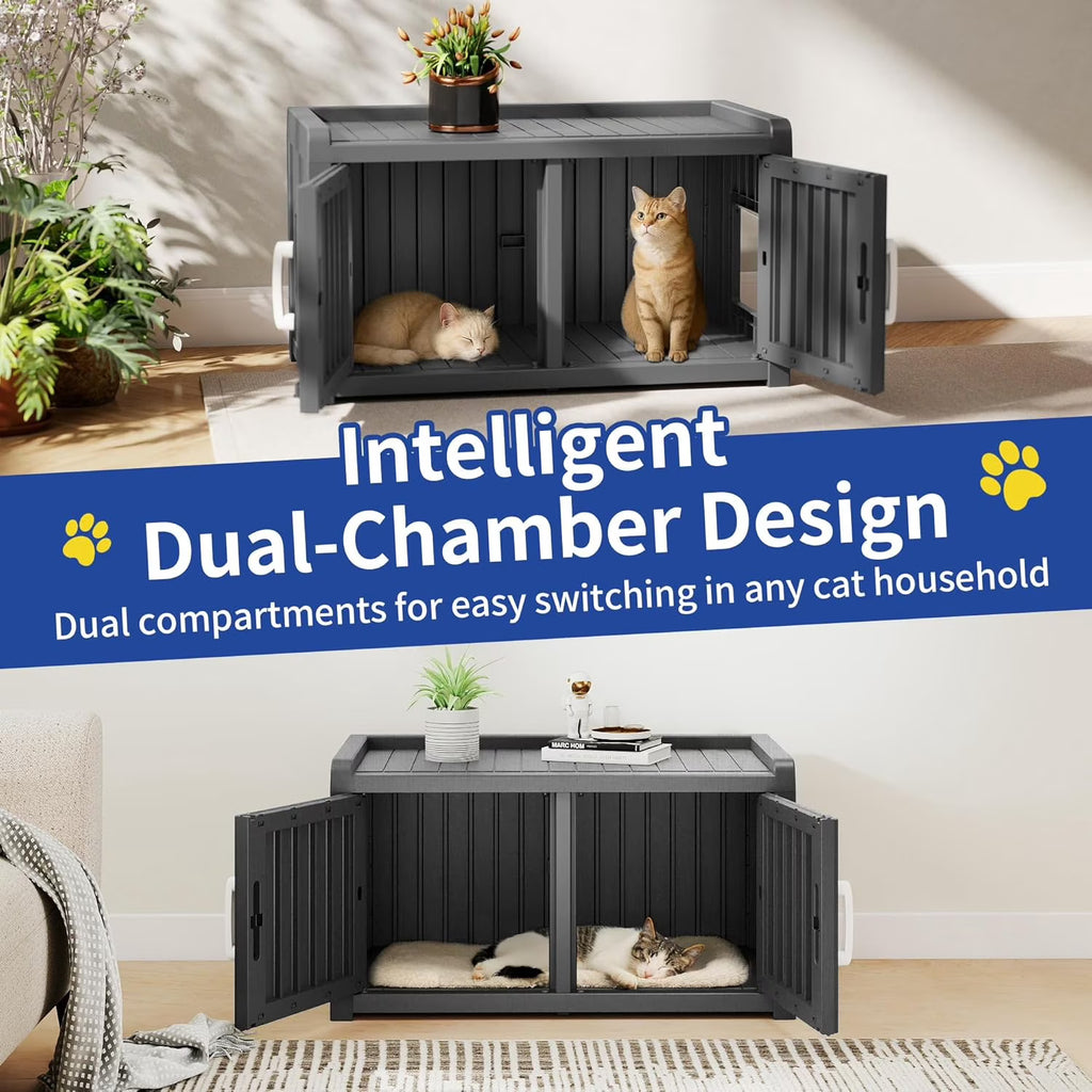 Joxxoaa Resin Outdoor Cat House with Storage Top, Weatherproof Ventilated Pet Shelter for Cats, Kittens and Small Puppies.Black.