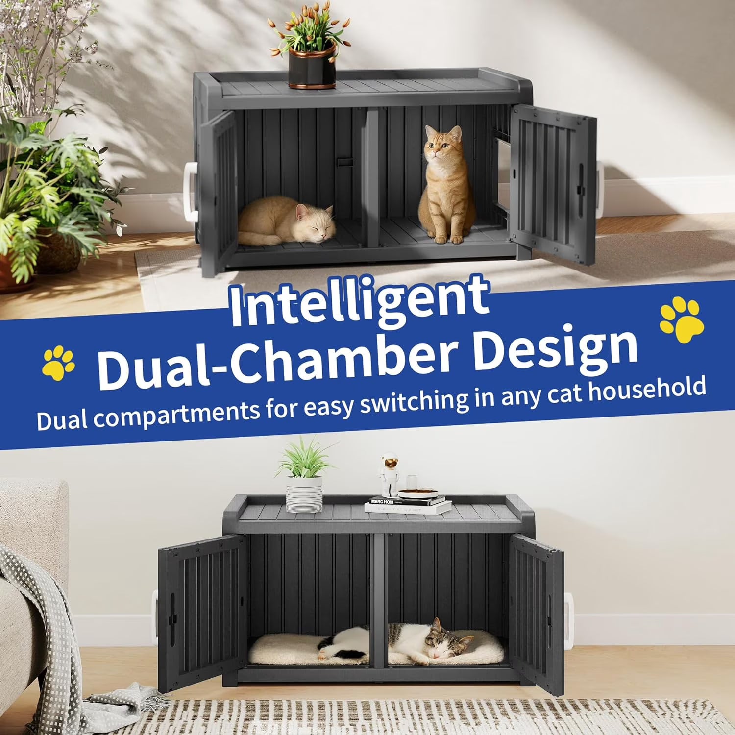 Joxxoaa Resin Outdoor Cat House with Storage Top, Weatherproof Ventilated Pet Shelter for Cats, Kittens and Small Puppies.Black.